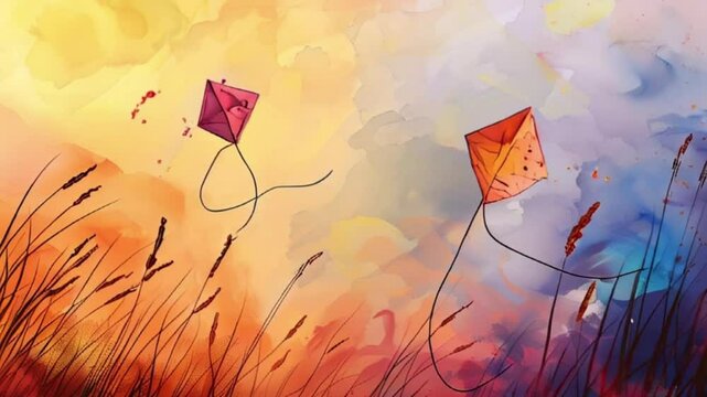 Colorful kites soaring high above sky on holiday composition