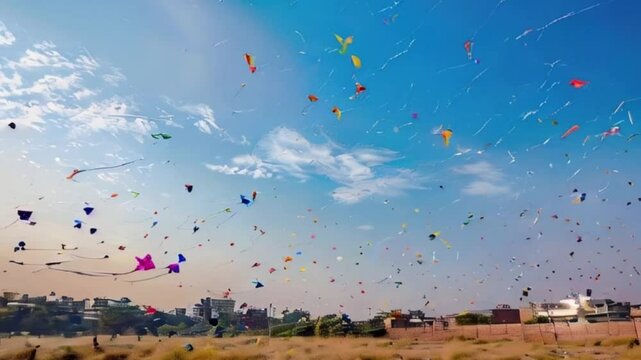 Colorful kites soaring high above sky on holiday composition