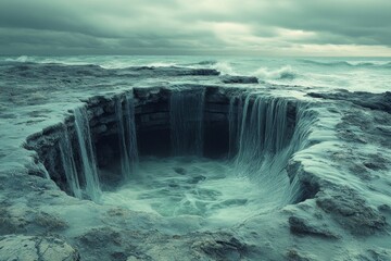 A stunning natural whirlpool surrounded by rocky shorelines, with turbulent ocean waves crashing in a moody atmosphere.