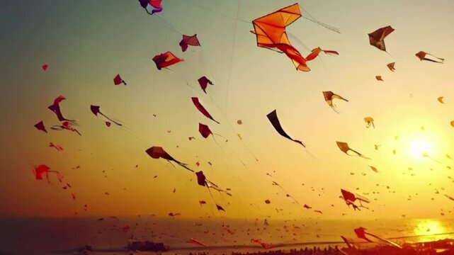 Colorful kites soaring high above sky on holiday composition