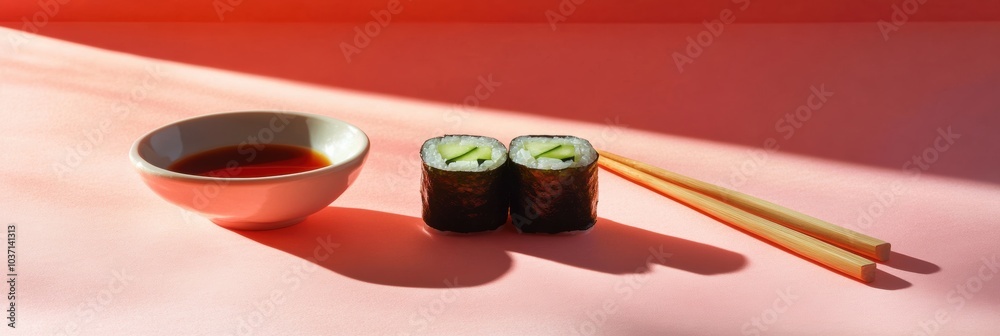 Poster delicious sushi rolls featuring fresh cucumber are elegantly placed beside a bowl of soy sauce and c