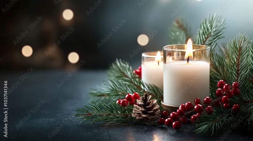 Wall mural a holiday centerpiece with pine branches, candles, and red berries, creating a festive dining table 