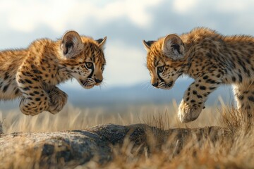 Fototapeta premium Two playful leopard cubs engage in a friendly confrontation amid golden grasslands, showcasing their spotted fur.