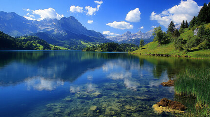 A serene lake in the foreground with mountains rising majestically in the background.