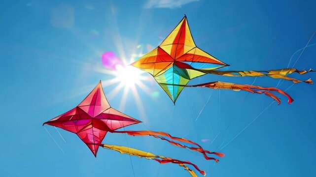 Colorful kites soaring high above sky on holiday composition