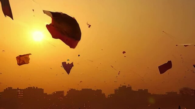 Colorful kites soaring high above sky on holiday composition