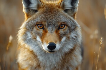 Fototapeta premium Close-up of a majestic coyote in a golden grass field, showcasing its intense golden eyes and textured fur.