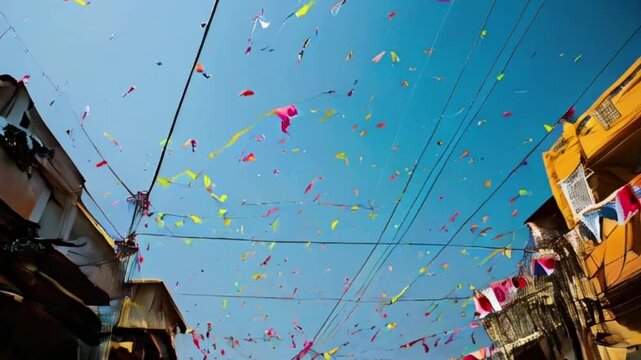 Colorful kites soaring high above sky on holiday composition