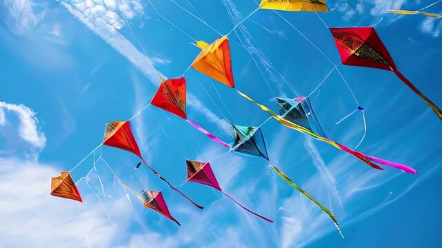 Colorful kites soaring high above sky on holiday composition