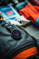 Fototapeta premium A close-up of a backpack with a digital display and various athletic gear in the background.