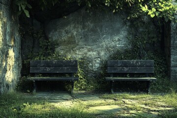 Two weathered wooden benches nestled in a serene green space, surrounded by foliage and soft lighting.