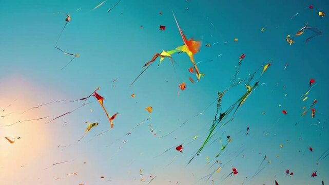 Colorful kites soaring high above sky on holiday composition