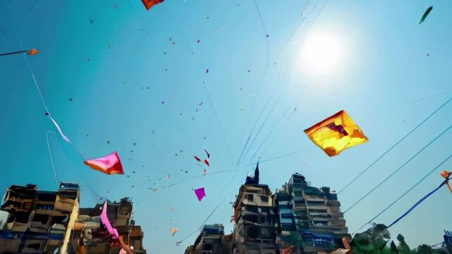 Colorful kites soaring high above sky on holiday composition