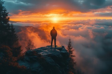 Obraz premium A silhouetted male figure stands on a rocky cliff, gazing at a vibrant sunset above a sea of clouds.