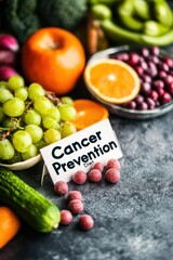 A vibrant display of fruits and vegetables promoting cancer prevention awareness.