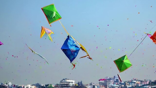 Colorful kites soaring high above sky on holiday composition