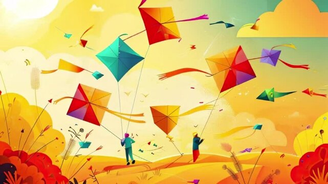 Colorful kites soaring high above sky on holiday composition