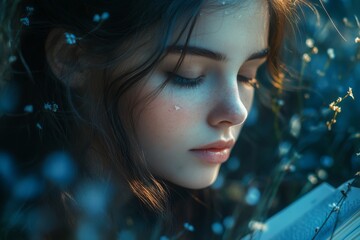 A serene young Caucasian girl immersed in a book, surrounded by delicate flowers, capturing a moment of tranquility.