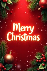 Merry Christmas card with festive fir branches, red baubles, and holly on a glowing red background