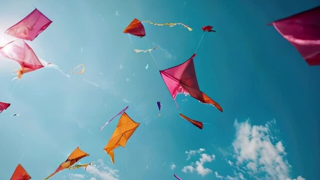 Colorful kites soaring high above sky on holiday composition