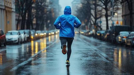 Rainy City Run Runner in Blue Raincoat on Wet Street