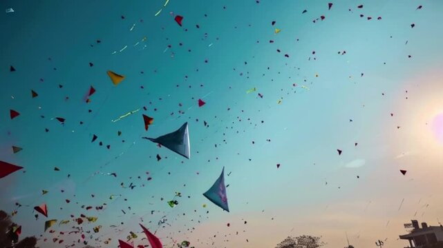 Colorful kites soaring high above sky on holiday composition