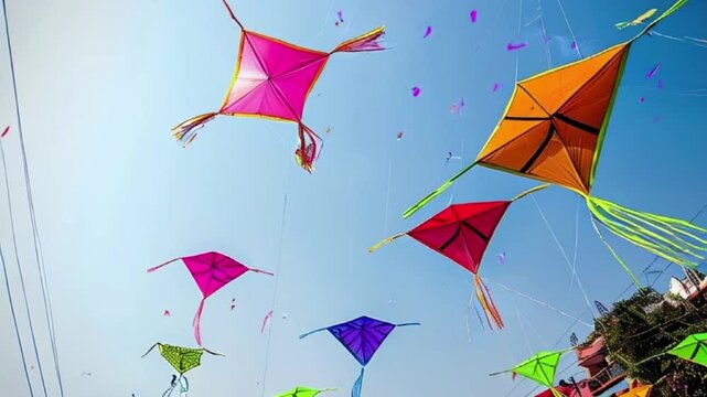 Colorful kites soaring high above sky on holiday composition