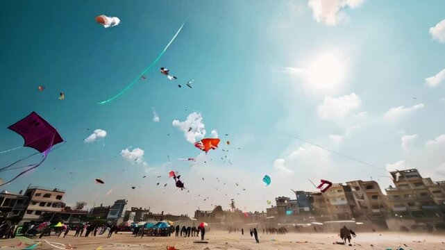 Colorful kites soaring high above sky on holiday composition