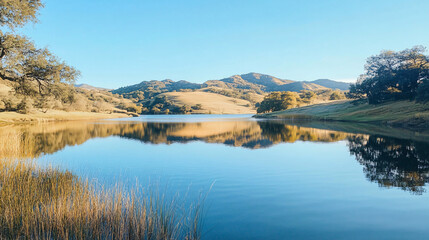 Fototapeta premium A serene lake at the foot of rolling hills reflecting the clear sky.