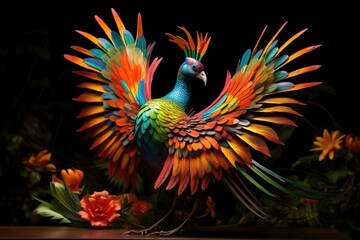 Fototapeta premium This peacock showcases an array of brilliant colors with outstretched feathers surrounded by blossoms in a colorful and lively environment