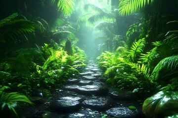 Fototapeta premium A serene jungle pathway, surrounded by lush green ferns and illuminated by soft, diffused light, creating a tranquil and inviting atmosphere.