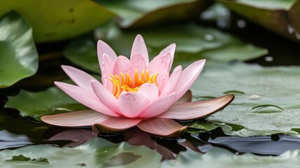 Pink Water Lily Flower in Pond with Green Leaves