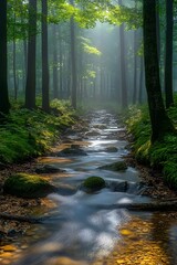 Obraz premium A serene forest landscape featuring a flowing stream, lush greenery, and misty light filtering through the trees, creating a tranquil atmosphere.