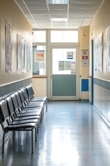 A hospital corridor with seating and a door leading outside.