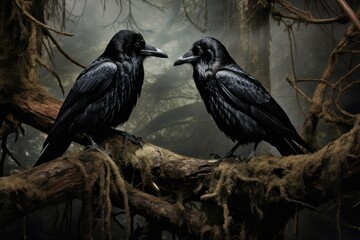 Obraz premium Two common ravens are perched closely on a mossy branch in a dimly lit forest seemingly communicating with one another as twilight approaches