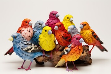 Naklejka premium A lively gathering of finches showcases an array of bright colors while perched on a natural looking branch creating a delightful display of diversity