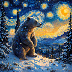Painting of a brown bear in winter landscape under a starry sky.