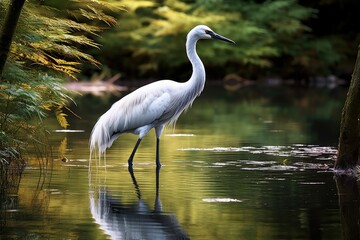 Naklejka premium A beautiful crane stands in tranquil water surrounded by vibrant greenery capturing the peaceful essence of nature in the late afternoon light