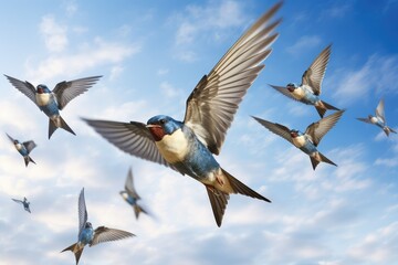 Obraz premium A flock of swallows is seen soaring through the vibrant sky their wings outstretched as they navigate with agility amidst the beautiful evening light