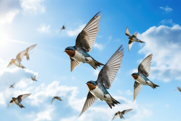 Fototapeta premium A flock of swallow birds gracefully soars through the bright blue sky their wings outstretched against a backdrop of fluffy white clouds