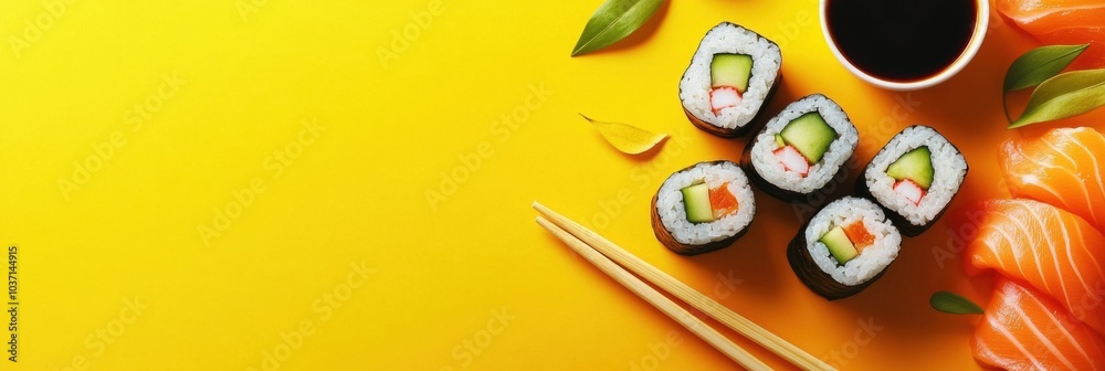 Poster fresh sushi rolls featuring crisp cucumber and salmon, paired with soy sauce and chopsticks on a vib