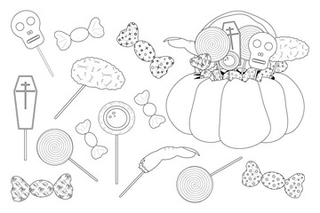 Fun Halloween-themed coloring page featuring spooky candies, lollipops, and sweets in a pumpkin. Perfect for creative Halloween activities.