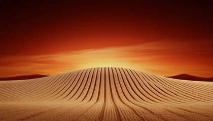 Naklejka premium A serene landscape featuring golden fields with distinct furrows, illuminated by a vibrant sunset sky in hues of orange and red.