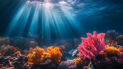 Obraz premium 78. A vibrant coral reef teeming with life, with rays of sunlight filtering down through the water