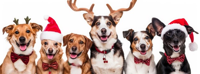 Adorable dogs in various festive costumes smiling at camera, featuring deer antlers, Santa hats, red bow ties, against pristine white background. 