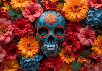 Skull Enveloped by a Blooming Floral Surround.
