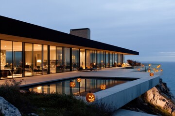 Obraz premium This image showcases a luxurious modern home perched on a cliff, beautifully illuminated by glowing jack-o'-lanterns, highlighting a stunning ocean view.