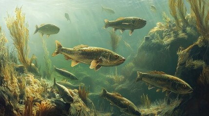A school of early fish species swimming through ancient seas, surrounded by marine plants.