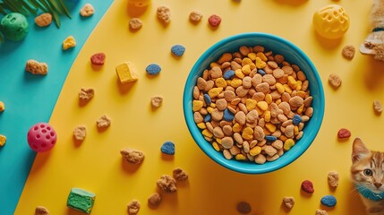 Pet accessories, dry food in bowl, toys on green table. Top view flat lay for pet store banner design with copy space. A perfect setup for showcasing pet supplies.