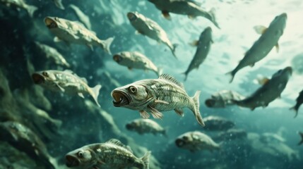 Obraz premium A school of early vertebrate fish with primitive jaws, swimming through an ancient ocean.